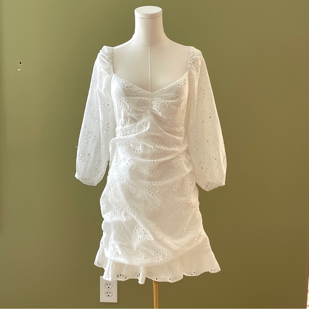 Lush White Eyelet Mini Dress M Babydoll Ruched Cottagecore Coquette Open Back